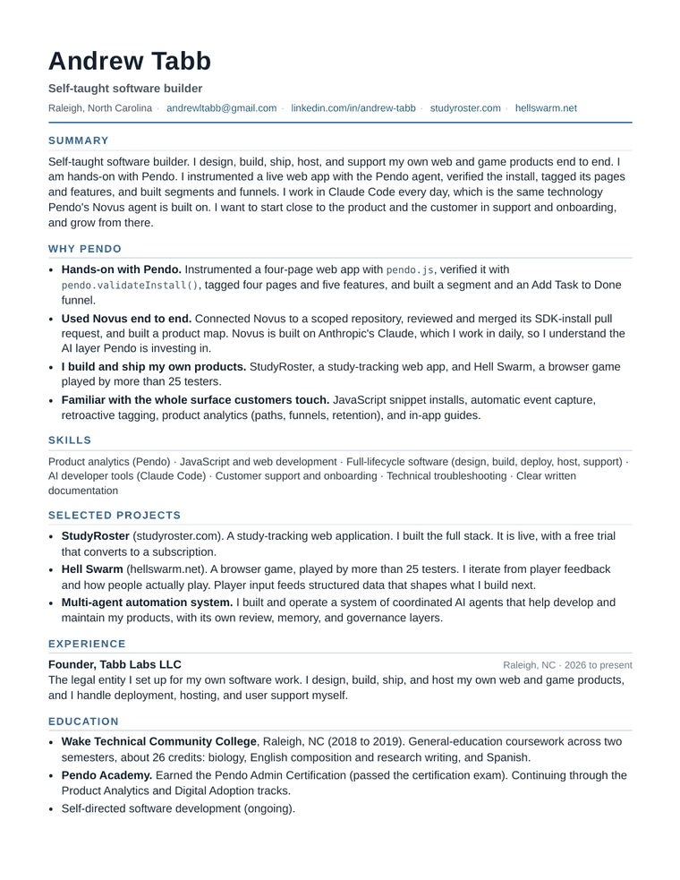 Page one of Andrew Tabb's resume